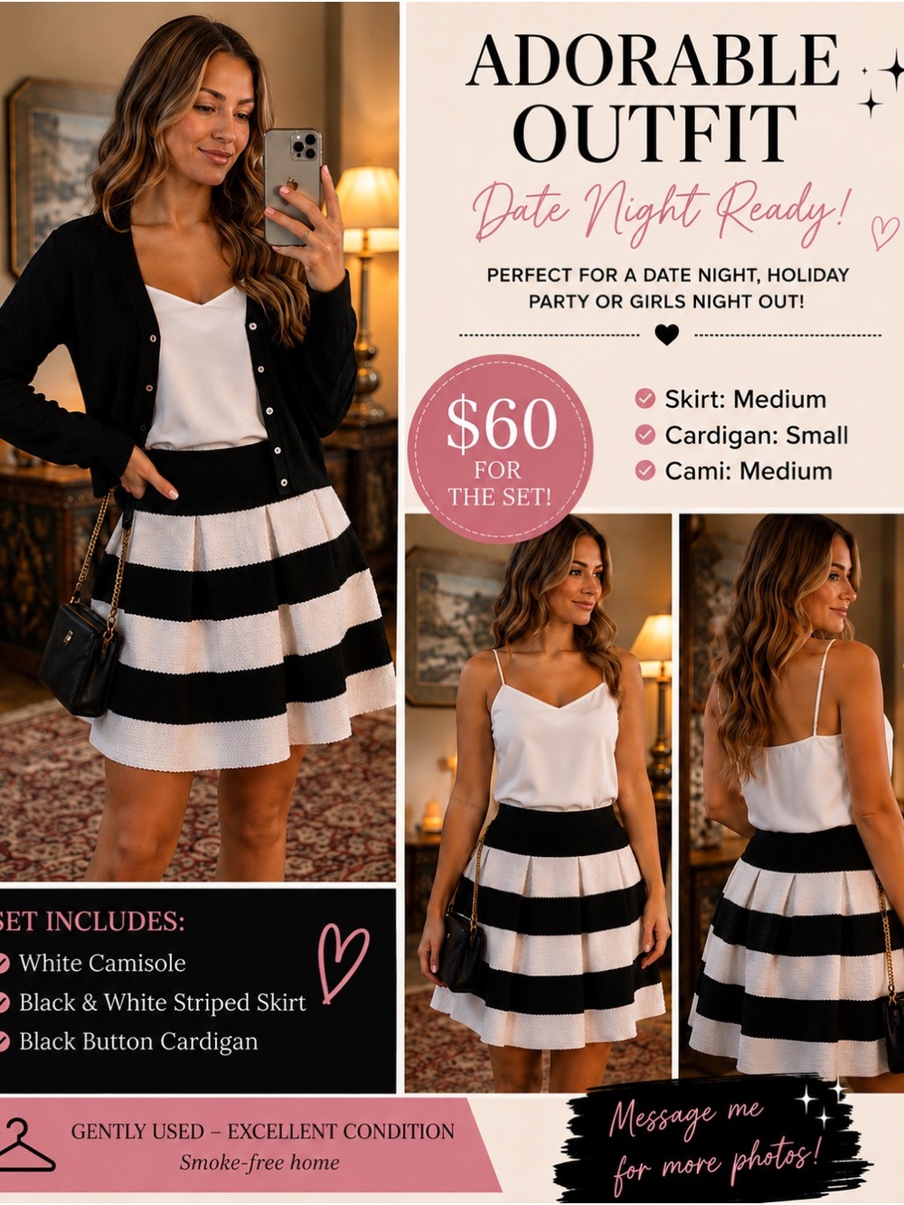 Xhilaration Black & White Striped Skirt Set with Cardigan and Cami